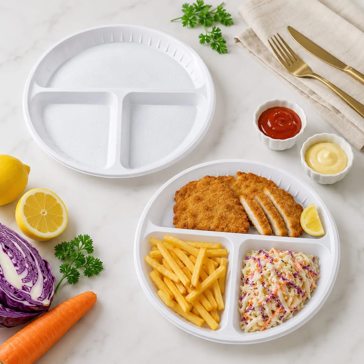 3-Compartment Thick White Round Plate 26 cm (Pack of 50)