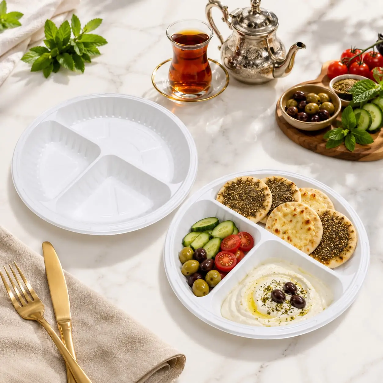 3-Compartment Thick White Round Plate 22 cm (Pack of 50)